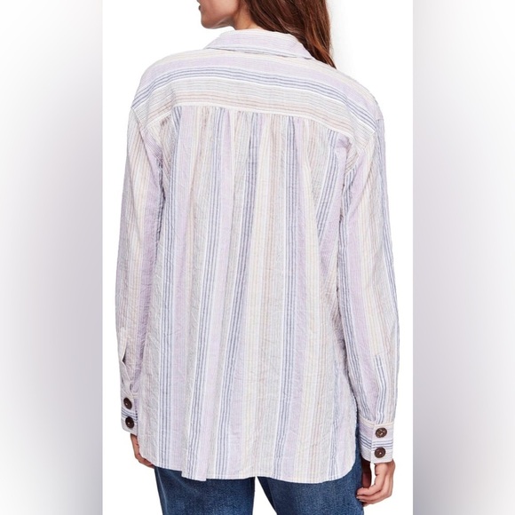Free People High Tide Striped Boho Button-Down Top blouse pink white size S - Picture 2 of 13